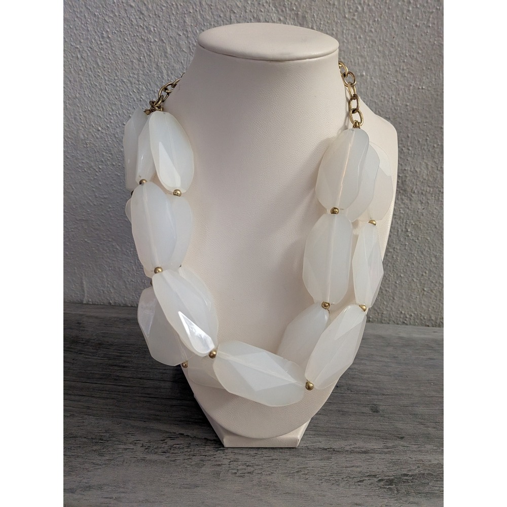 Chunky White Statement Necklace Faceted Milky Resin Beads Gold Tone Chain